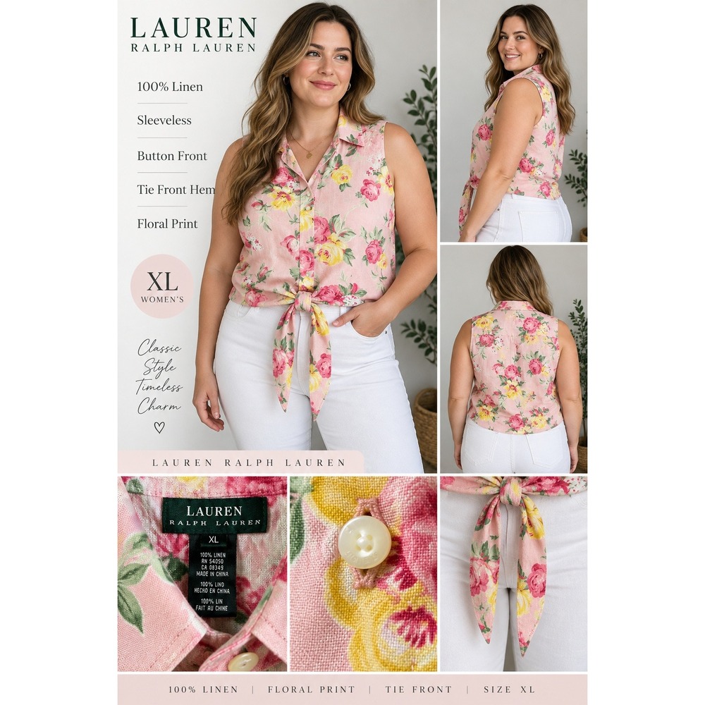 Lauren Ralph Lauren Pink Floral Linen Tie Front Sleeveless Button Down Top XL